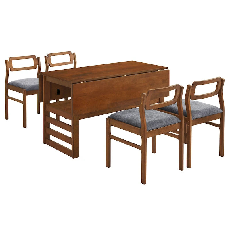 Extendable Wood Dining Table and Chairs Set Mid-Century Modern Dining Table and Chairs Set with 2 Drop Leaves and Storage Shelf