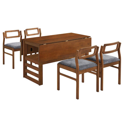 Extendable Wood Dining Table and Chairs Set Mid-Century Modern Dining Table and Chairs Set with 2 Drop Leaves and Storage Shelf