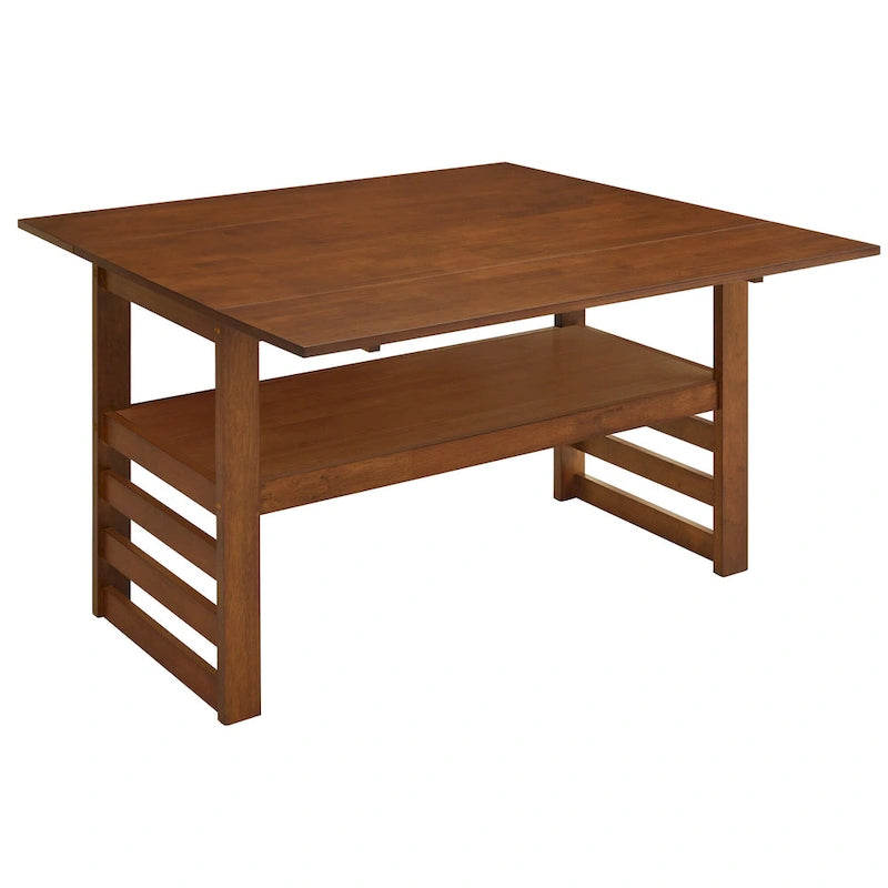Extendable Wood Dining Table and Chairs Set Mid-Century Modern Dining Table and Chairs Set with 2 Drop Leaves and Storage Shelf