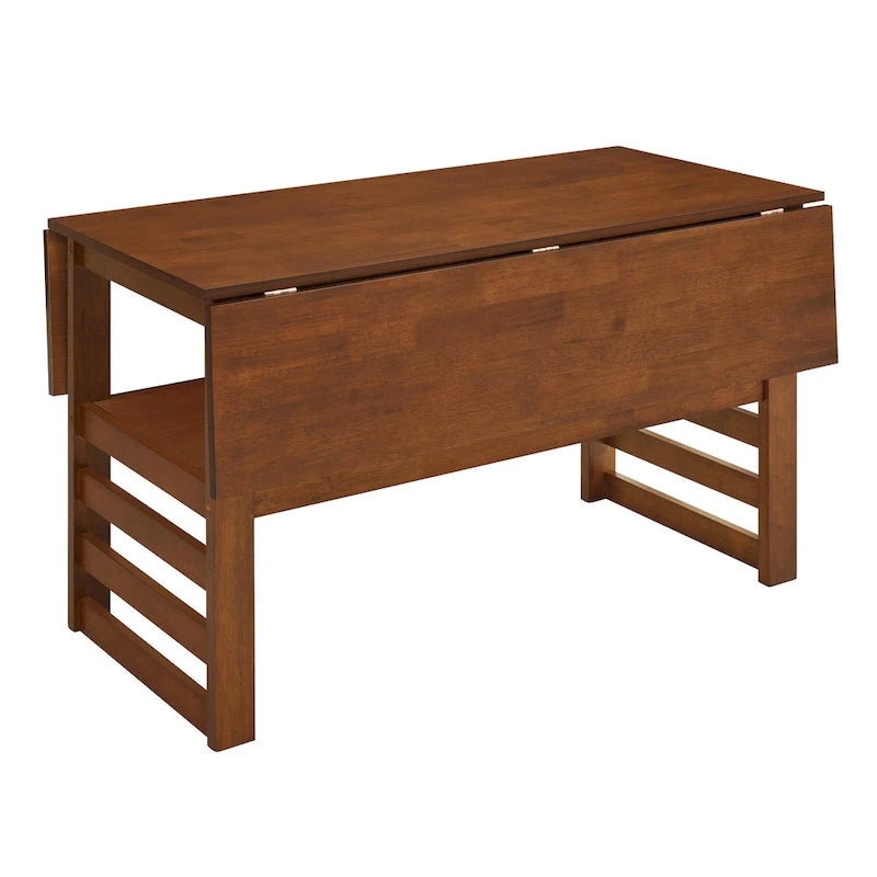 Extendable Wood Dining Table and Chairs Set Mid-Century Modern Dining Table and Chairs Set with 2 Drop Leaves and Storage Shelf