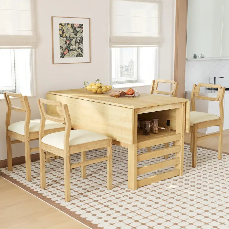 Extendable Wood Dining Table and Chairs Set Mid-Century Modern Dining Table and Chairs Set with 2 Drop Leaves and Storage Shelf