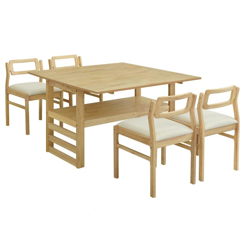 Extendable Wood Dining Table and Chairs Set Mid-Century Modern Dining Table and Chairs Set with 2 Drop Leaves and Storage Shelf