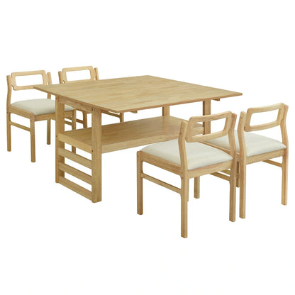 Extendable Wood Dining Table and Chairs Set Mid-Century Modern Dining Table and Chairs Set with 2 Drop Leaves and Storage Shelf