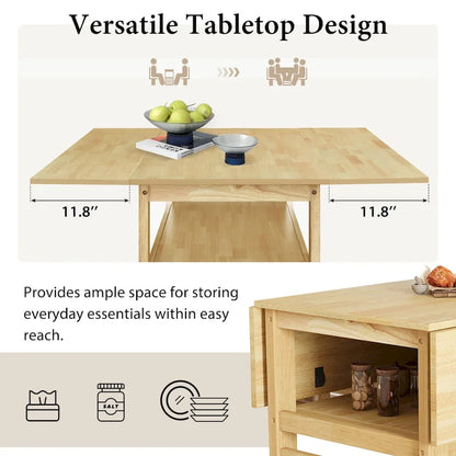 Extendable Wood Dining Table and Chairs Set Mid-Century Modern Dining Table and Chairs Set with 2 Drop Leaves and Storage Shelf