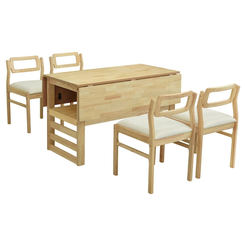 Extendable Wood Dining Table and Chairs Set Mid-Century Modern Dining Table and Chairs Set with 2 Drop Leaves and Storage Shelf