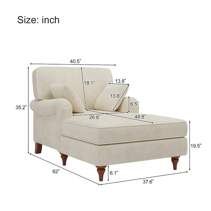 40.5Oversized Chaise Lounge Chair with 2 Comfy Pillows Rolled Arms Corduroy Fabric Sleeper Sofa Chair for Living Room Bedroom