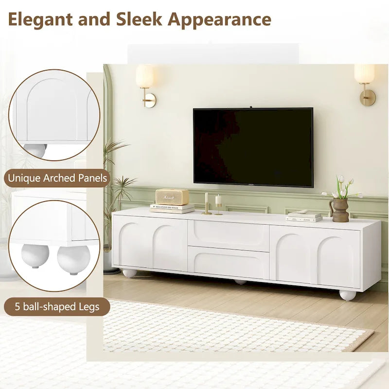 Modern Storage TV Stand with 2 Rebound Cabinets, 2 Drawers and 5 Round Legs for Living Room Bedroom