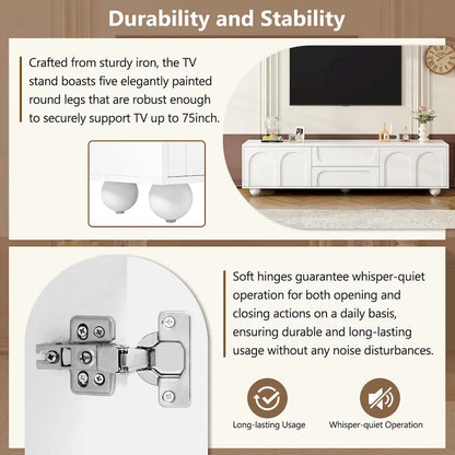 Modern Storage TV Stand with 2 Rebound Cabinets, 2 Drawers and 5 Round Legs for Living Room Bedroom
