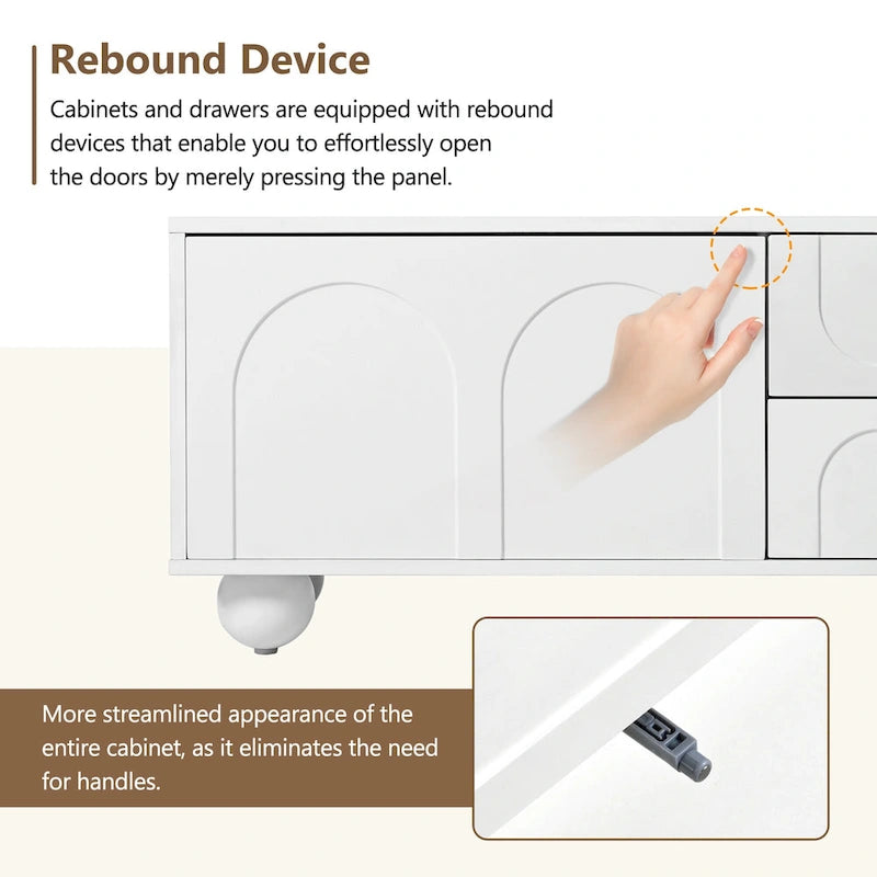 Modern Storage TV Stand with 2 Rebound Cabinets, 2 Drawers and 5 Round Legs for Living Room Bedroom