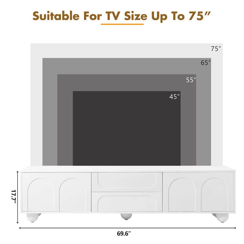 Modern Storage TV Stand with 2 Rebound Cabinets, 2 Drawers and 5 Round Legs for Living Room Bedroom
