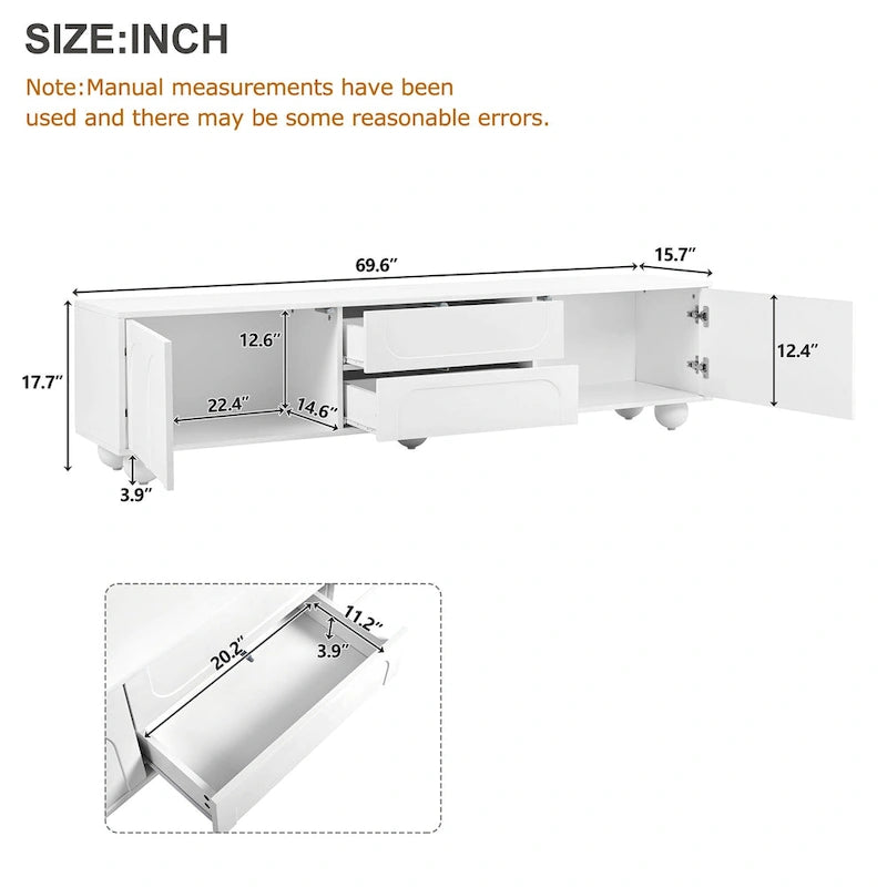 Modern Storage TV Stand with 2 Rebound Cabinets, 2 Drawers and 5 Round Legs for Living Room Bedroom