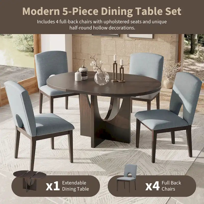 Modern 5-Piece Round Dining Table with 16.2 Removable Leaf