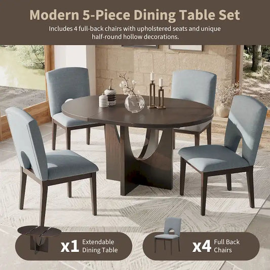 Modern 5-Piece Round Dining Table with 16.2 Removable Leaf