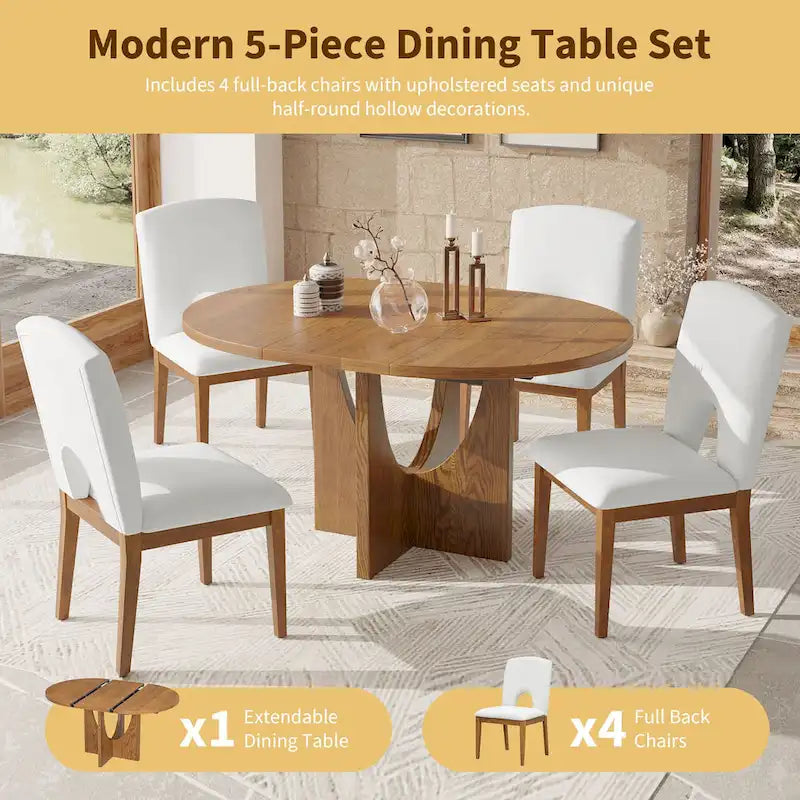 Modern 5-Piece Round Dining Table with 16.2 Removable Leaf