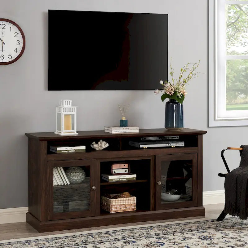 Classic American TV Stand with 4 Storage Shelf and 2 Storage Cabinets for Living Rooms Bedroom and Office
