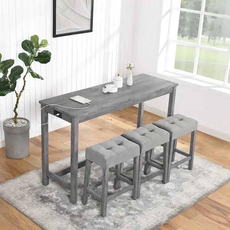 Bar Dining Table Set and 3 Bar Stools with Power Outlet Kitchen Breakfast Nook Wooden Dining Table Chairs Sets