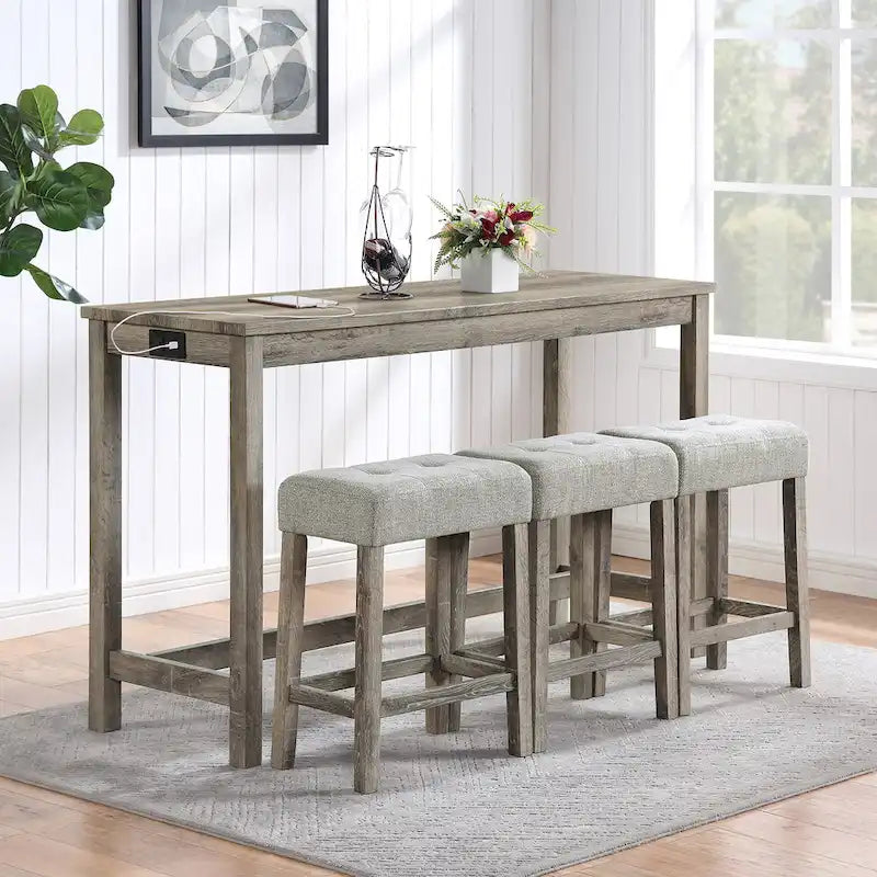 Bar Dining Table Set and 3 Bar Stools with Power Outlet Kitchen Breakfast Nook Wooden Dining Table Chairs Sets