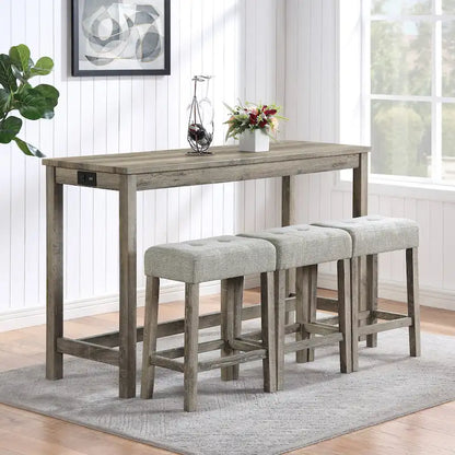 Bar Dining Table Set and 3 Bar Stools with Power Outlet Kitchen Breakfast Nook Wooden Dining Table Chairs Sets