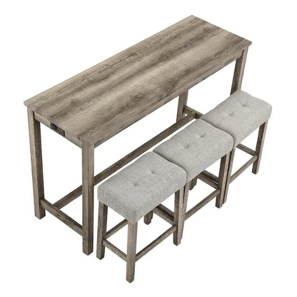 Bar Dining Table Set and 3 Bar Stools with Power Outlet Kitchen Breakfast Nook Wooden Dining Table Chairs Sets