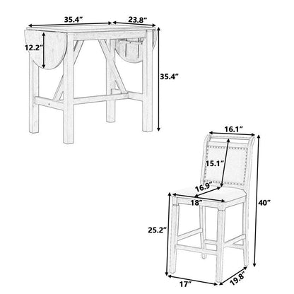 Compact 3-Piece Counter-Height Set  Drop-Leaf Wood Table & 2 Padded Dining Chairs for Small Spaces