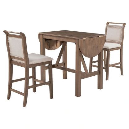 Compact 3-Piece Counter-Height Set  Drop-Leaf Wood Table & 2 Padded Dining Chairs for Small Spaces