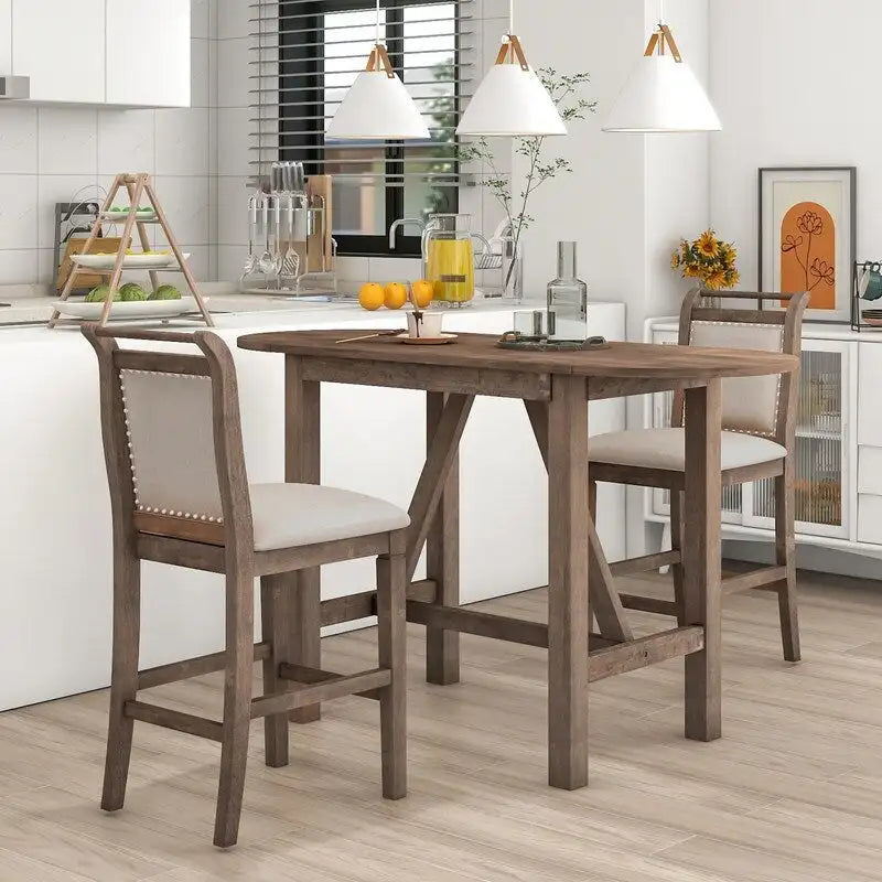 Compact 3-Piece Counter-Height Set  Drop-Leaf Wood Table & 2 Padded Dining Chairs for Small Spaces