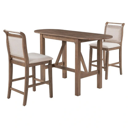 Compact 3-Piece Counter-Height Set  Drop-Leaf Wood Table & 2 Padded Dining Chairs for Small Spaces