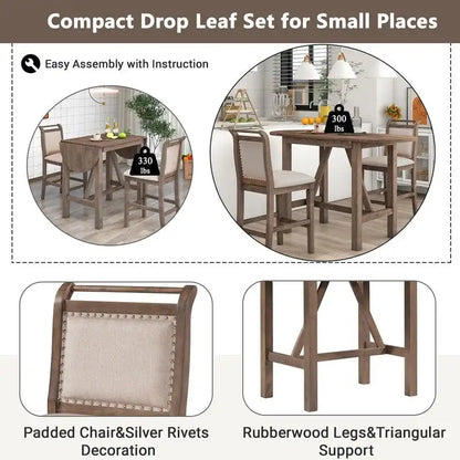 Compact 3-Piece Counter-Height Set  Drop-Leaf Wood Table & 2 Padded Dining Chairs for Small Spaces