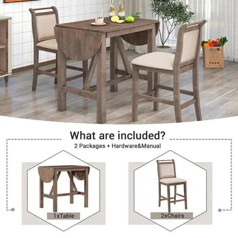 Compact 3-Piece Counter-Height Set  Drop-Leaf Wood Table & 2 Padded Dining Chairs for Small Spaces