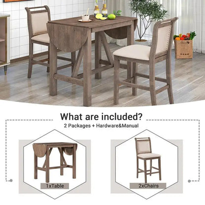 Compact 3-Piece Counter-Height Set  Drop-Leaf Wood Table & 2 Padded Dining Chairs for Small Spaces
