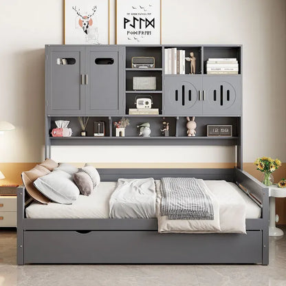 Full Size Daybed with Twin Size Trundle, Solid Wood Day Bed Frame w/All-in-One Cabinet and Shelf Compact Bedroom Daybed