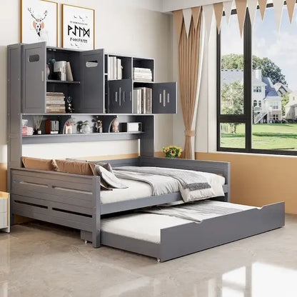 Full Size Daybed with Twin Size Trundle, Solid Wood Day Bed Frame w/All-in-One Cabinet and Shelf Compact Bedroom Daybed