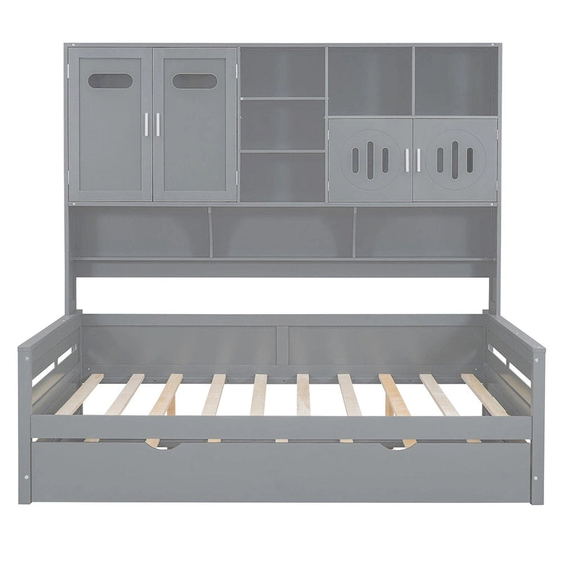 Full Size Daybed with Twin Size Trundle, Solid Wood Day Bed Frame w/All-in-One Cabinet and Shelf Compact Bedroom Daybed