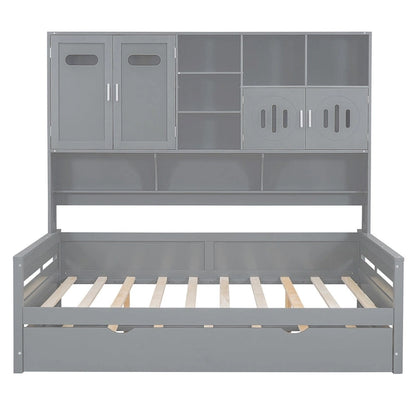 Full Size Daybed with Twin Size Trundle, Solid Wood Day Bed Frame w/All-in-One Cabinet and Shelf Compact Bedroom Daybed