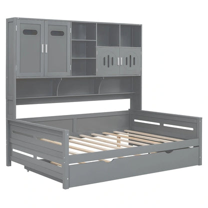 Full Size Daybed with Twin Size Trundle, Solid Wood Day Bed Frame w/All-in-One Cabinet and Shelf Compact Bedroom Daybed