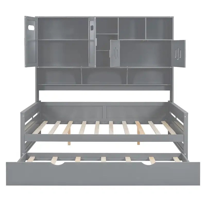 Full Size Daybed with Twin Size Trundle, Solid Wood Day Bed Frame w/All-in-One Cabinet and Shelf Compact Bedroom Daybed