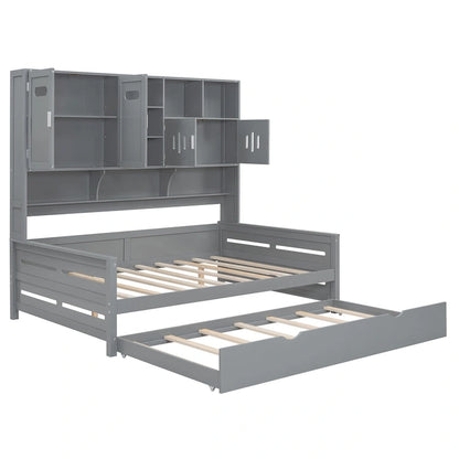Full Size Daybed with Twin Size Trundle, Solid Wood Day Bed Frame w/All-in-One Cabinet and Shelf Compact Bedroom Daybed