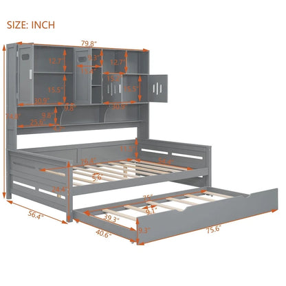 Full Size Daybed with Twin Size Trundle, Solid Wood Day Bed Frame w/All-in-One Cabinet and Shelf Compact Bedroom Daybed