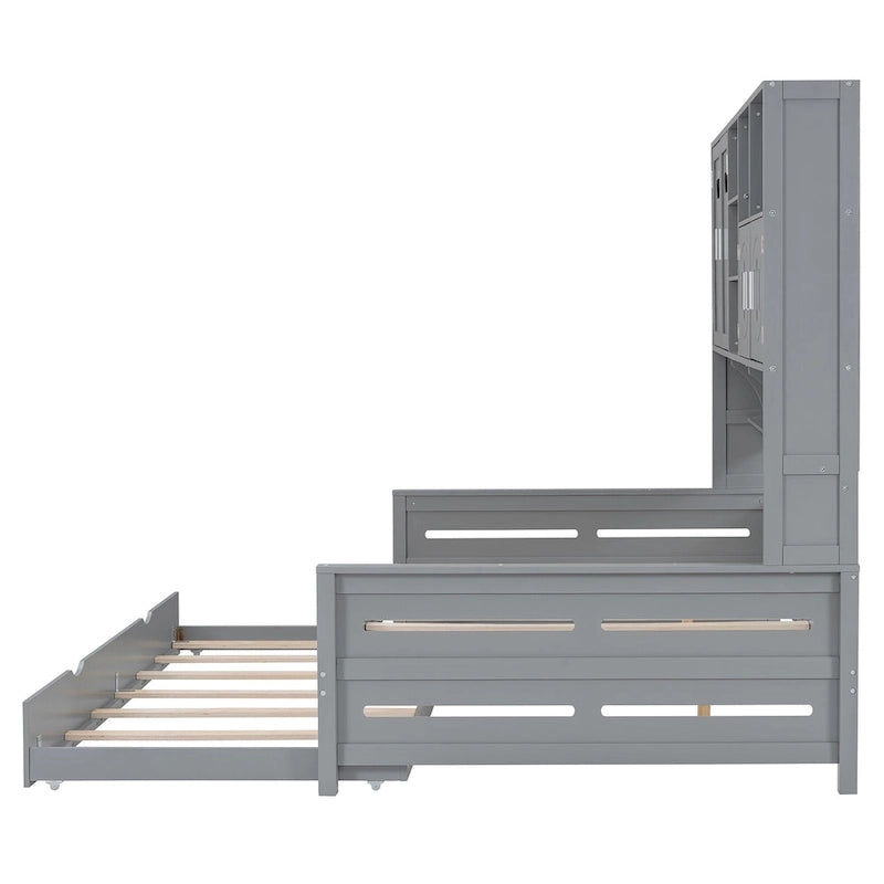 Full Size Daybed with Twin Size Trundle, Solid Wood Day Bed Frame w/All-in-One Cabinet and Shelf Compact Bedroom Daybed