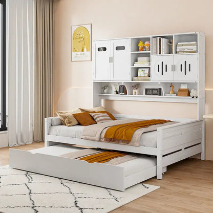 Full Size Daybed with Twin Size Trundle, Solid Wood Day Bed Frame w/All-in-One Cabinet and Shelf Compact Bedroom Daybed