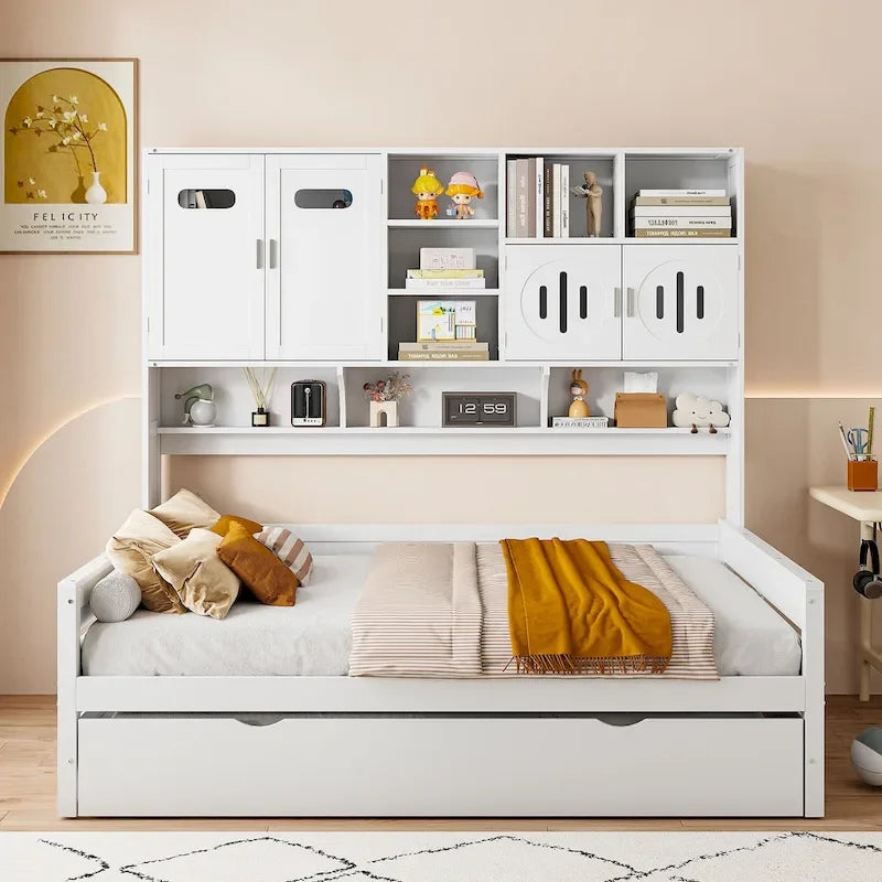 Full Size Daybed with Twin Size Trundle, Solid Wood Day Bed Frame w/All-in-One Cabinet and Shelf Compact Bedroom Daybed