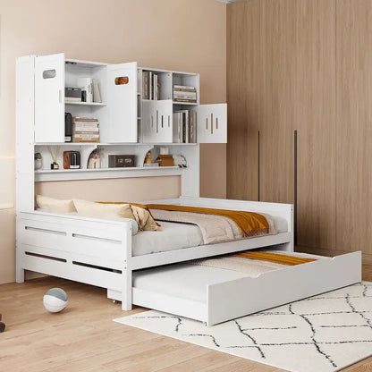 Full Size Daybed with Twin Size Trundle, Solid Wood Day Bed Frame w/All-in-One Cabinet and Shelf Compact Bedroom Daybed