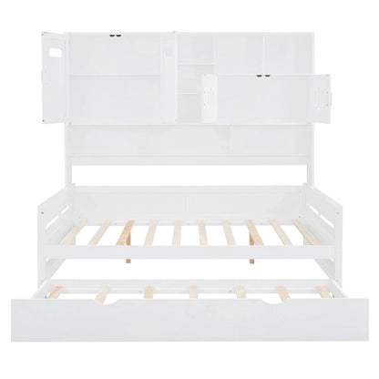 Full Size Daybed with Twin Size Trundle, Solid Wood Day Bed Frame w/All-in-One Cabinet and Shelf Compact Bedroom Daybed