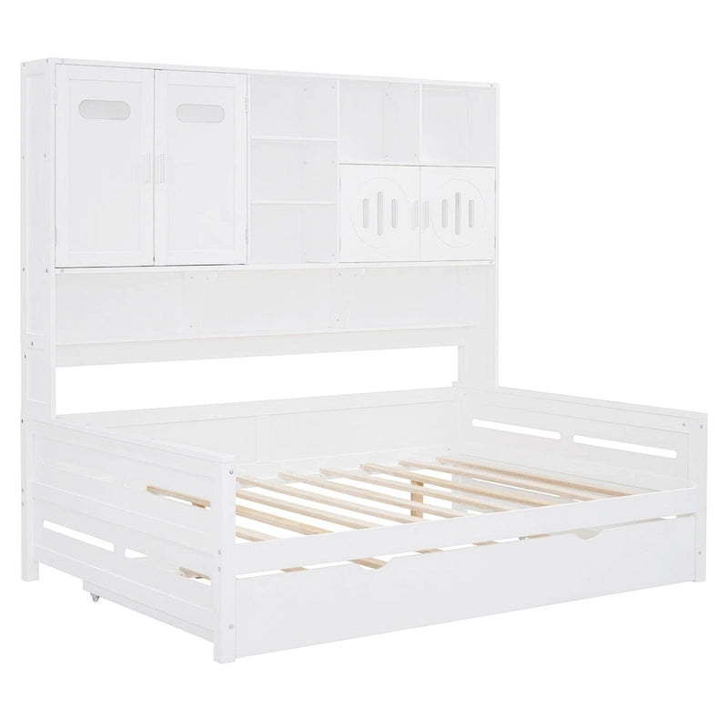 Full Size Daybed with Twin Size Trundle, Solid Wood Day Bed Frame w/All-in-One Cabinet and Shelf Compact Bedroom Daybed