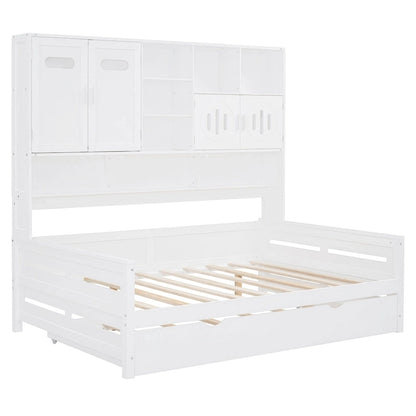 Full Size Daybed with Twin Size Trundle, Solid Wood Day Bed Frame w/All-in-One Cabinet and Shelf Compact Bedroom Daybed