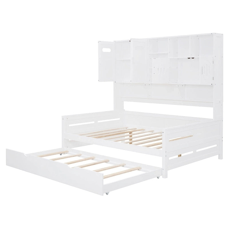 Full Size Daybed with Twin Size Trundle, Solid Wood Day Bed Frame w/All-in-One Cabinet and Shelf Compact Bedroom Daybed