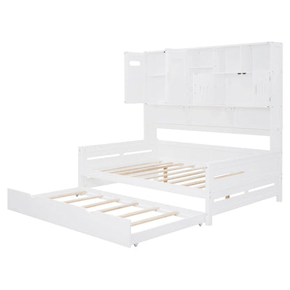 Full Size Daybed with Twin Size Trundle, Solid Wood Day Bed Frame w/All-in-One Cabinet and Shelf Compact Bedroom Daybed