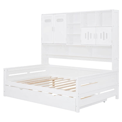 Full Size Daybed with Twin Size Trundle, Solid Wood Day Bed Frame w/All-in-One Cabinet and Shelf Compact Bedroom Daybed