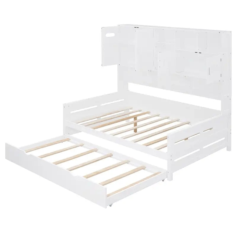 Full Size Daybed with Twin Size Trundle, Solid Wood Day Bed Frame w/All-in-One Cabinet and Shelf Compact Bedroom Daybed