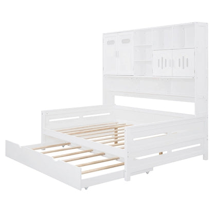 Full Size Daybed with Twin Size Trundle, Solid Wood Day Bed Frame w/All-in-One Cabinet and Shelf Compact Bedroom Daybed